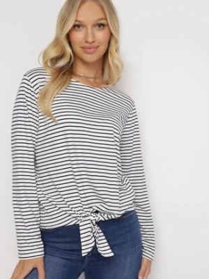 Biało-Granatowa Bluzka z Ozdobnym Wiązaniem i Długimi Rękawami z Bawełny Marlis italy moda