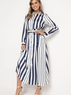 Biało-Granatowa Sukienka Koszulowa z Wiązaniem w Talii w Podłużne Paski Nerystia unigirl