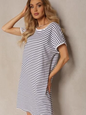 Biało-Granatowa Sukienka w Paski z Bawełny o Prostym Kroju z Wycięciem na Plecach z Ozdobnymi Paskami Birosa palma