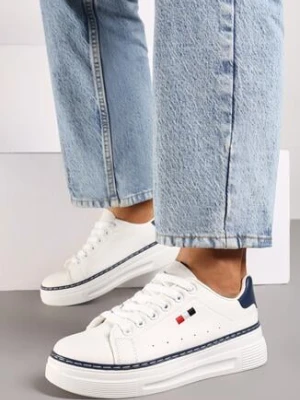 Biało-Granatowe Casualowe Sneakersy na Grubej Podeszwie z Metalicznymi Wstawkami Vailia