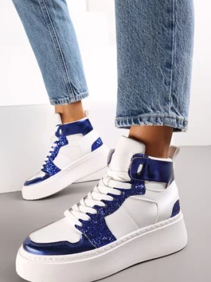 Biało-Granatowe Sznurowane Sneakersy za Kostkę z Brokatem i Metalicznymi Wstawkami Sareena