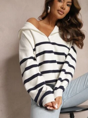 Biało-Granatowy Golf Sweter ze Ściągaczami w Paski Zapinany na Suwak Likatte rosa