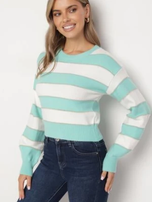 Biało-Miętowy Sweter w Pasy Ozdobiony Metaliczną Nicią Zinellea j&x