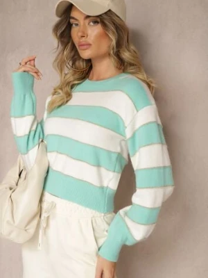 Biało-Miętowy Sweter w Poziome Pasy z Przeszyciami Metalicznej Nitki Zinfarra j&x