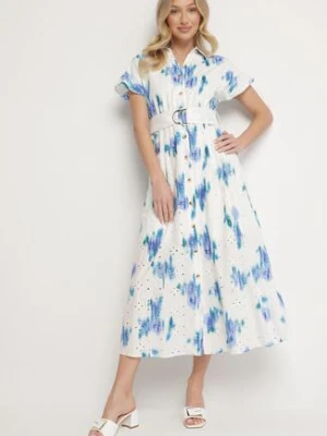 Biało-Niebieska Ażurowa Sukienka z Bawełny o Koszulowym Kroju z Paskiem Melpio m&d fashion