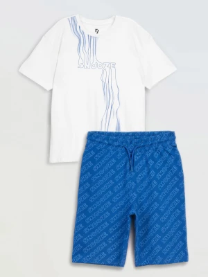 Biało-niebieska bawełniana piżama z autorską grafiką Reporter