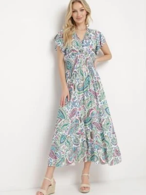 Biało-Niebieska Bawełniana Sukienka Boho z Gumką w Talii i Wzorem Paisley Sirrelia