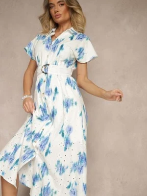 Biało-Niebieska Bawełniana Sukienka z Ażurowym Zdobieniem o Koszulowym Kroju z Paskiem Velpio m&d fashion