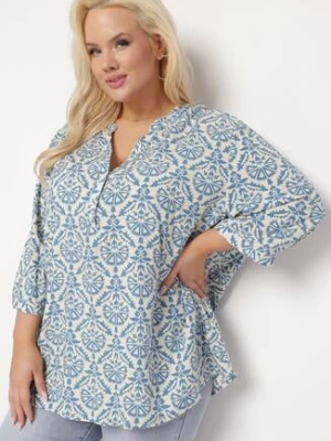 Biało-Niebieska Bluzka z Wiskozy z Rękawem 3/4 i Ornamentalnym Wzorem Belloma christy
