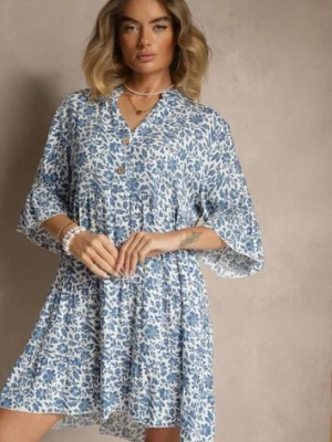 Biało-Niebieska Rozkloszowana Sukienka z Bawełny Zdobiona Kwiatowym Wzorem Jenelitia defox