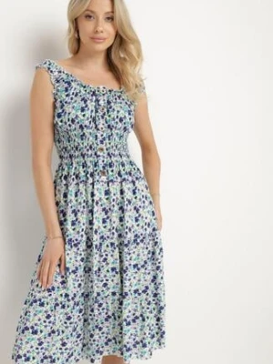 Biało-Niebieska Sukienka Bawełniana Rozkloszowana w Kwiaty z Guzikami Ronzea defox