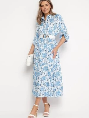 Biało-Niebieska Sukienka Maxi w Kwiatowy Wzór z Koszulową Górą Lithaia