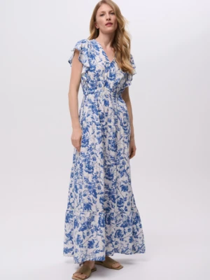 Biało-niebieska sukienka maxi z efektowną falbaną Greenpoint