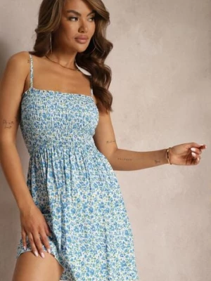 Biało-Niebieska Sukienka z Bawełny na Cienkich Ramiączkach z Gumką w Talii Tessinia defox