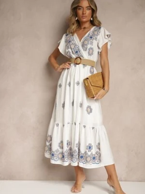 Biało-Niebieska Sukienka z Wiskozy Ozdobiona Paskiem i Haftem Nilorelle rosa