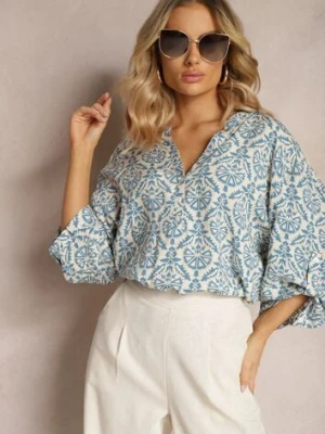 Biało-Niebieska Wiskozowa Bluzka z Trójkątnym Dekoltem i Ornamentalnym Wzorem Cilara christy