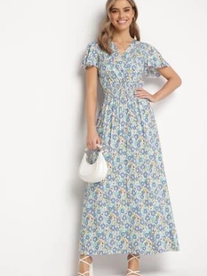 Biało-Niebieska Wiskozowa Sukienka Maxi w Kwiaty Rozkloszowana z Kopertowym Dekoltem Monilia