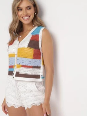 Biało-Niebieski Bawełniany Dziergany Top Zapinany na Guziki Abunis rosa