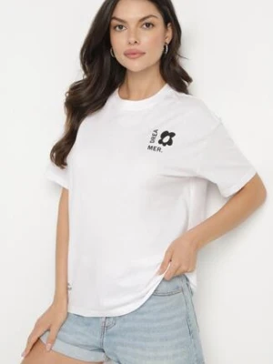 Biało-Niebieski Bawełniany T-shirt z Napisami Hallena fresh made