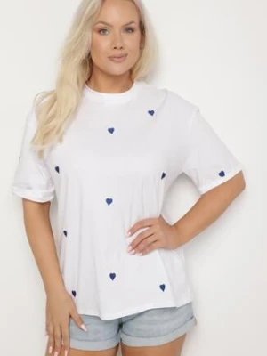 Biało-Niebieski Bawełniany T-shirt Zdobiony Haftem w Kształcie Serc Naloree melya by melody