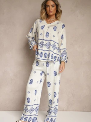 Biało-Niebieski Komplet w Stylu Etno Spodnie z Gumką w Pasie i Bluzka Oversize Eviralyn J&x