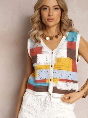 Biało-Niebieski Top z Bawełnianej Dzierganej Tkaniny Zapinany na Guziki Kawayne rosa