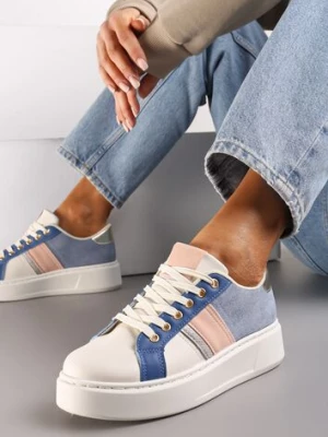 Biało-Niebieskie Buty Sneakersy ze Złotymi Aplikacjami na Grubej Podeszwie z Ozdobną Wstawką Bordea