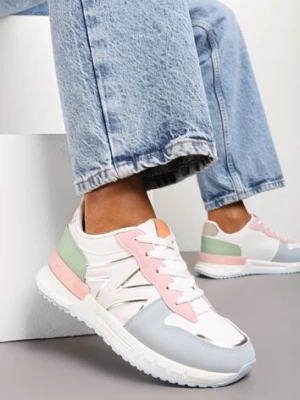 Biało-Niebieskie Płaskie Sneakersy ze Sznurowaniem z Metalicznymi Wstawkami Remarie