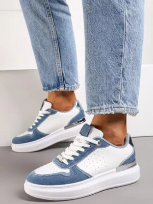 Biało-Niebieskie Sneakersy na Grubej Podeszwie z Metaliczną Wstawką i Cyrkoniami Letta