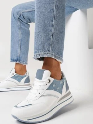 Biało-Niebieskie Sneakersy na Grubej Podeszwie Zdobione Brokatem i Naszywkami Gevia