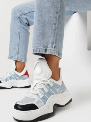 Biało-Niebieskie Sneakersy na Grubej Podeszwie ze Żłobieniami i Przeszyciami Arilne