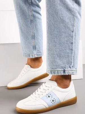 Biało-Niebieskie Sneakersy na Płaskiej Podeszwie z Wiązaniem i Ozdobną Wstawką Drukesti
