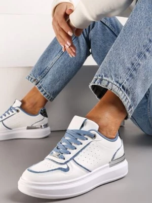 Biało-Niebieskie Sneakersy na Platformie Ozdobione Brokatem i Metaliczną Wstawką Mexia