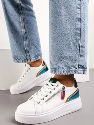 Biało-Niebieskie Sneakersy na Platformie Ozdobione Suwakami Halimedia