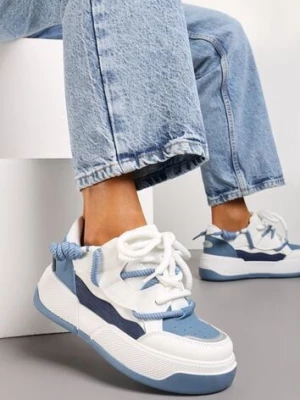Biało-Niebieskie Sneakersy na Platformie z Grubymi Sznurówkami i Delikatną Perforacją Tarvie