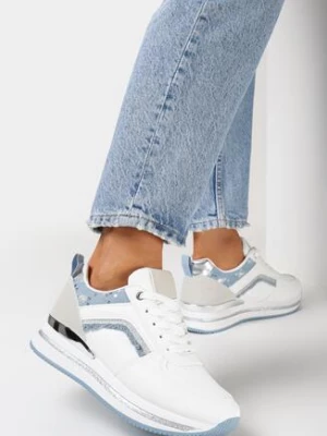 Biało-Niebieskie Sneakersy na Podeszwie w Paski Zdobione Brokatem i Cekinami Sellani