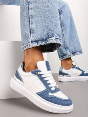 Biało-Niebieskie Sneakersy Ozdobione Wstawkami z Materiału i Aplikacją z Cyrkonii Eephira