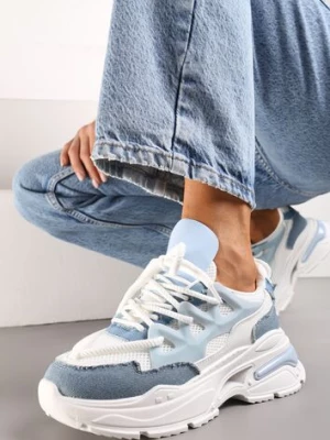 Biało-Niebieskie Sneakersy Ozdobnie Sznurowane z Wycięciami na Grubej Podeszwie Selvia