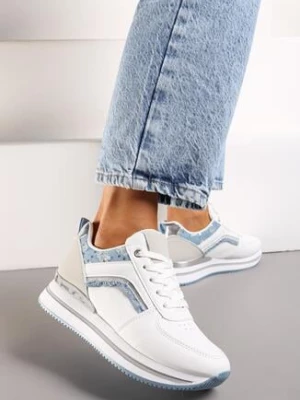 Biało-Niebieskie Sneakersy z Brokatowymi Wstawkami i Piankową Podeszwą Oriontia