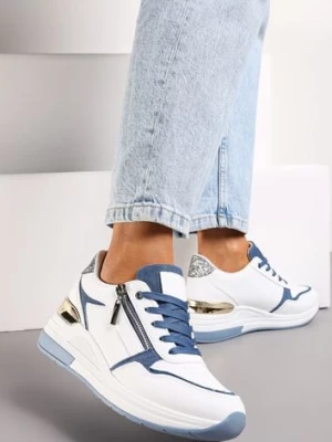 Biało-Niebieskie Sneakersy z Metaliczną i Brokatową Wstawką na Koturnie Neomalle