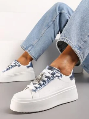 Zdjęcie produktu Biało-Niebieskie Sneakersy z Metaliczną Ozdobą z Cyrkoniami przy Sznurówkach Awenttes