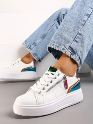 Biało-Niebieskie Sneakersy z Ozdobnym Suwakiem i Platformą Iolanna