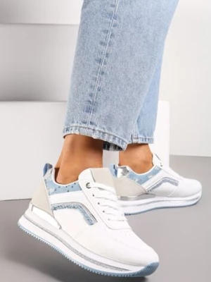 Biało-Niebieskie Sznurowane Sneakersy na Grubej Podeszwie z Cekinami i Brokatem Zallie