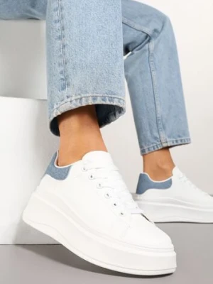 Biało-Niebieskie Sznurowane Sneakersy na Niskiej Platformie z Imitacji Skóry Ajanfa sesamall
