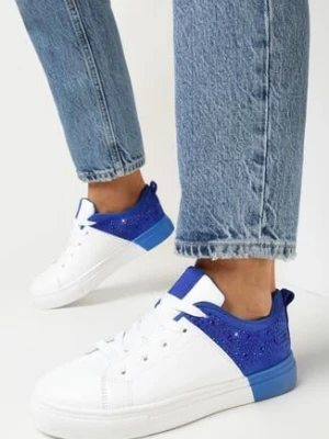 Biało-Niebieskie Sznurowane Sneakersy na Płaskiej Podeszwie z Ozdobnymi Cyrkoniami Gimena