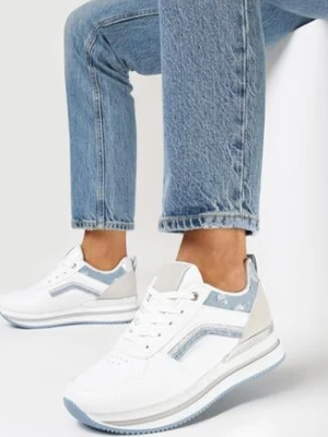 Biało-Niebieskie Sznurowane Sneakersy na Płaskiej Podeszwie Zdobione Brokatem Gerine