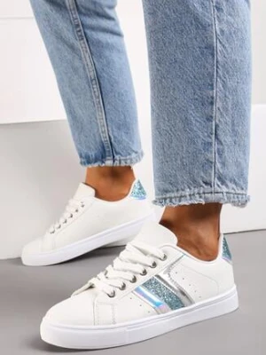 Biało-Niebieskie Sznurowane Sneakersy z Ekoskóry z Metalicznymi Wstawkami i Brokatem Lirinea