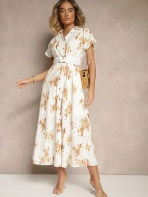 Biało-Pomarańczowa Bawełniana Sukienka z Ażurowym Zdobieniem o Koszulowym Kroju z Paskiem Velpio m&d fashion