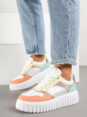 Biało-Pomarańczowe Sneakersy na Grubej Tłoczonej Podeszwie z Perforacją i Panterką Odivila renda