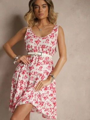 Biało-Różowa Bawełniana Sukienka o Rozkloszowanym Kroju w Kwiaty Anniliane defox